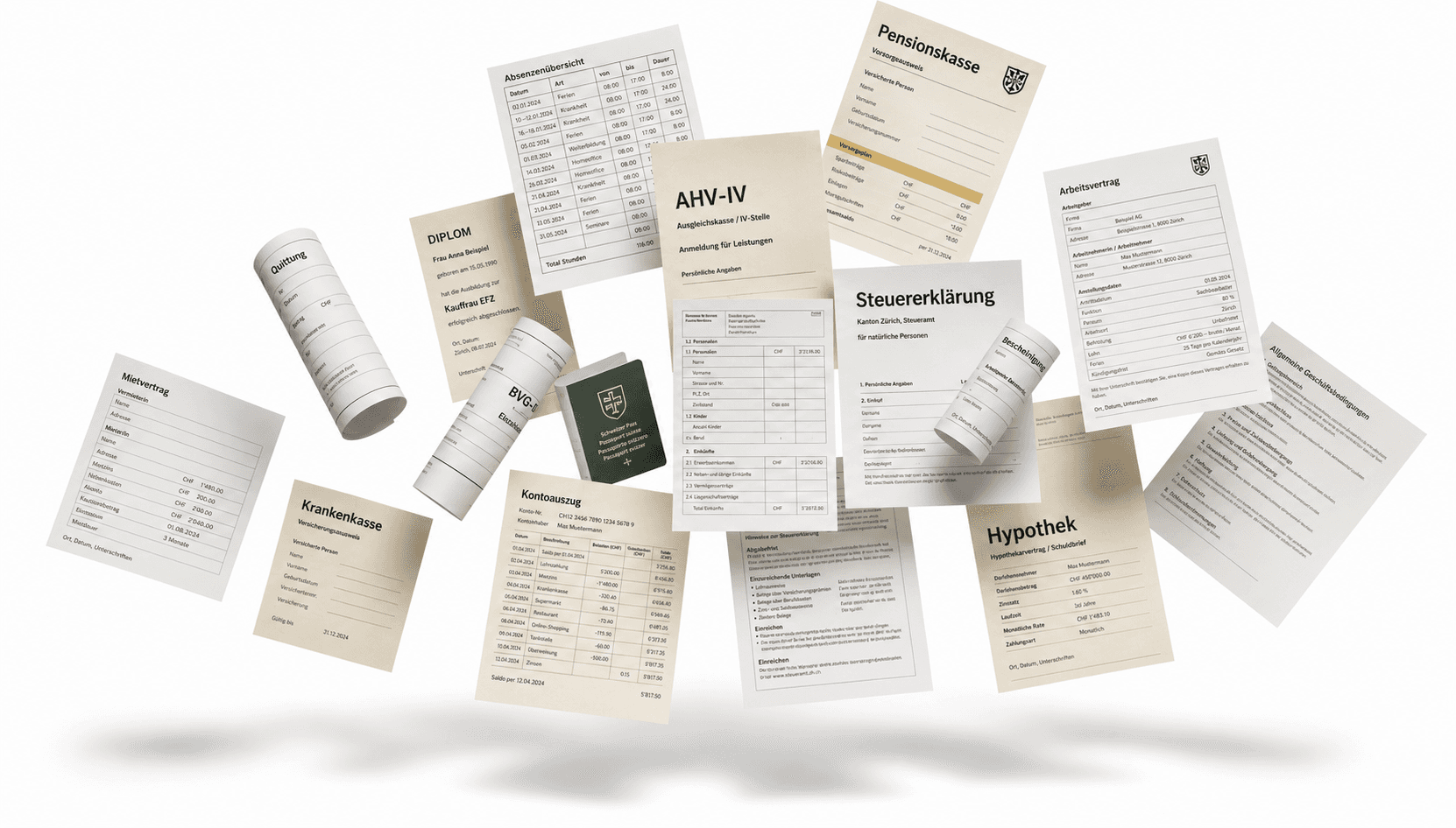 Fragmented Swiss financial documents showing the complexity of planning